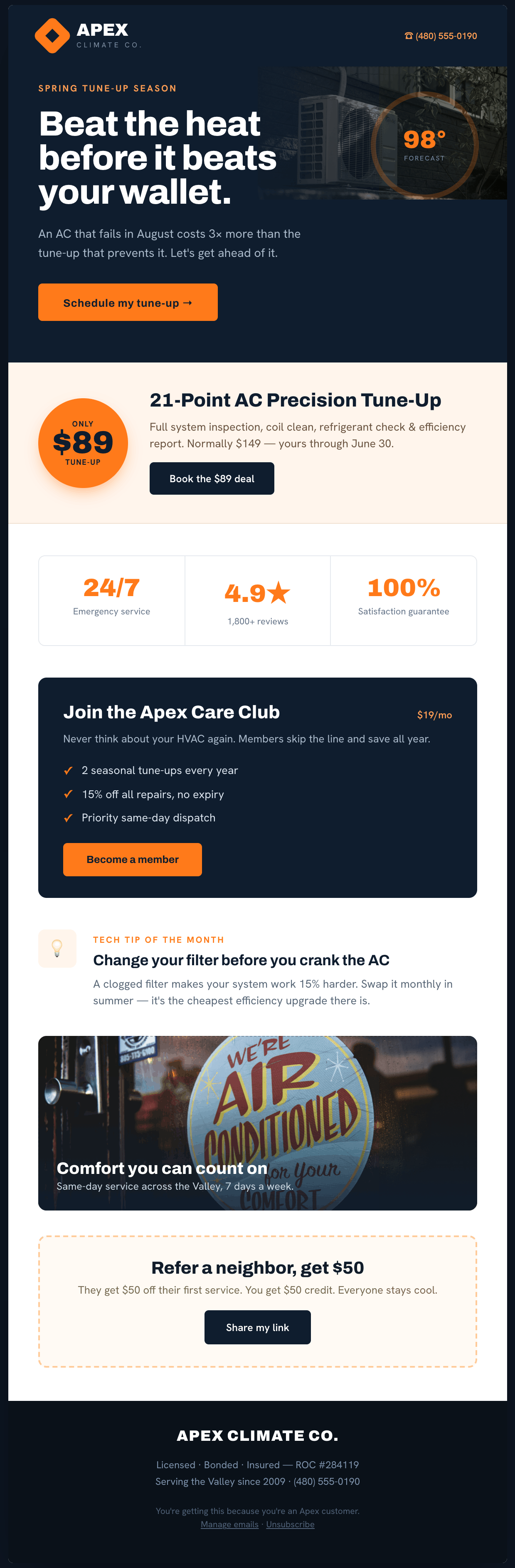 Apex Climate Co. HVAC newsletter — spring tune-up offer, care club membership and neighbor referral program