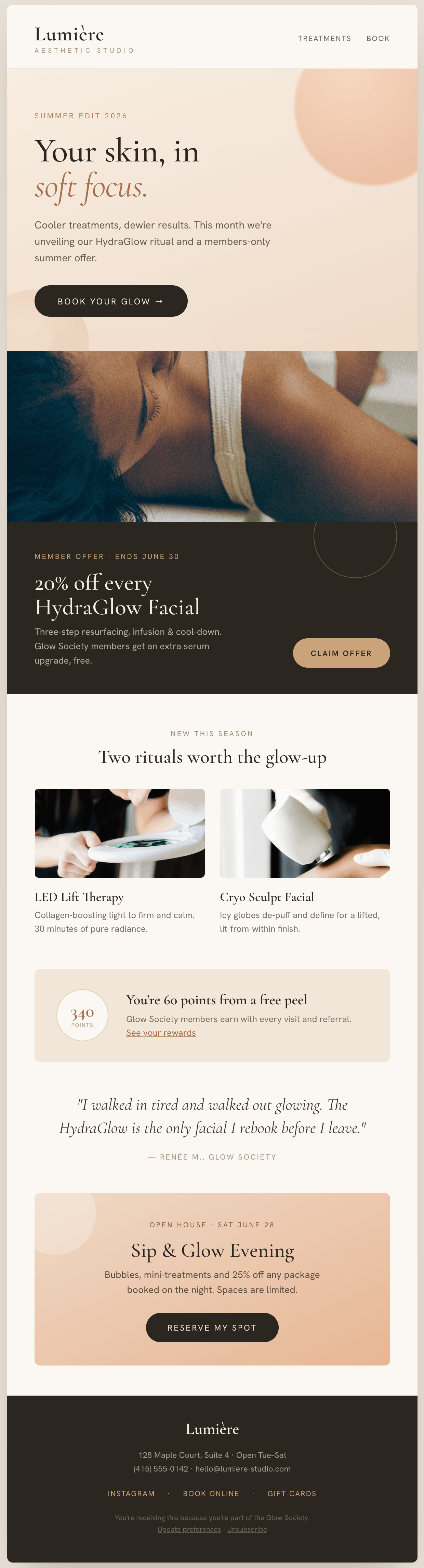 Lumière Aesthetic Studio newsletter — summer treatment edit with a members-only offer and rewards