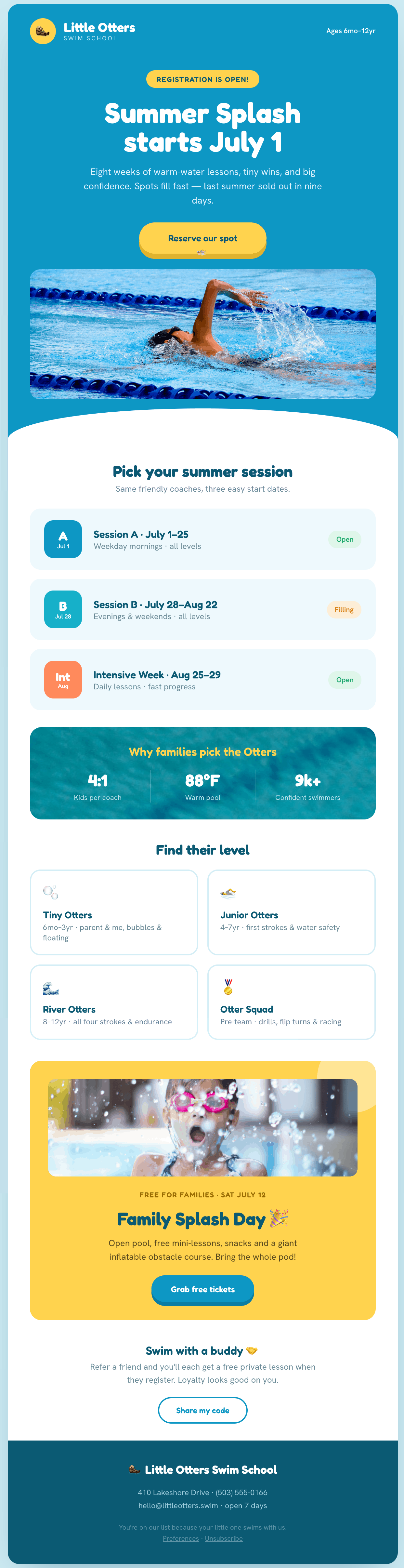 Little Otters Swim School newsletter — summer session registration with three start dates and a family event